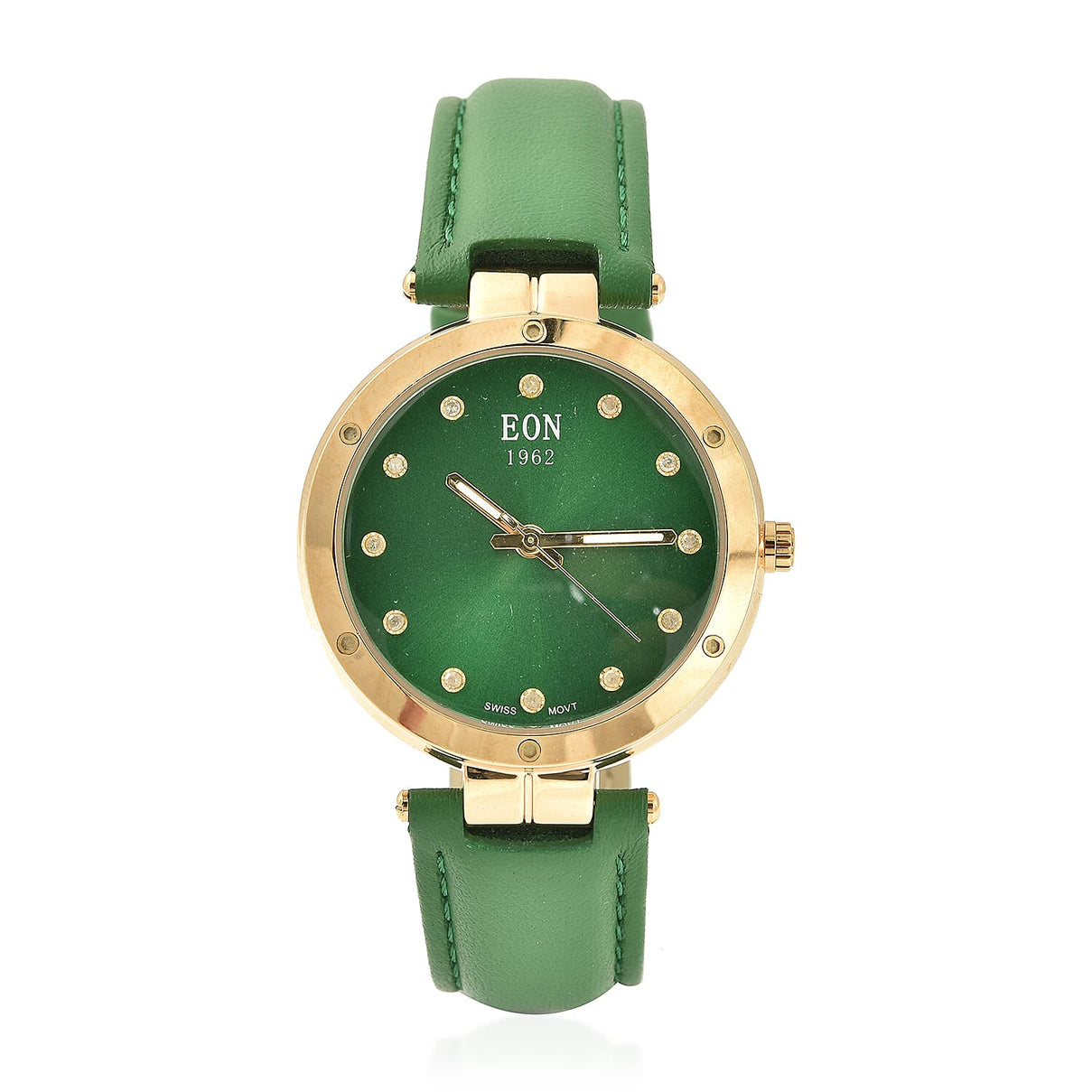 EON 1962 Swiss Movement Green Dial 12 Diamonds Studded 5ATM Water Resistant Watch with Green Genuine Leather Strap 7345505 0