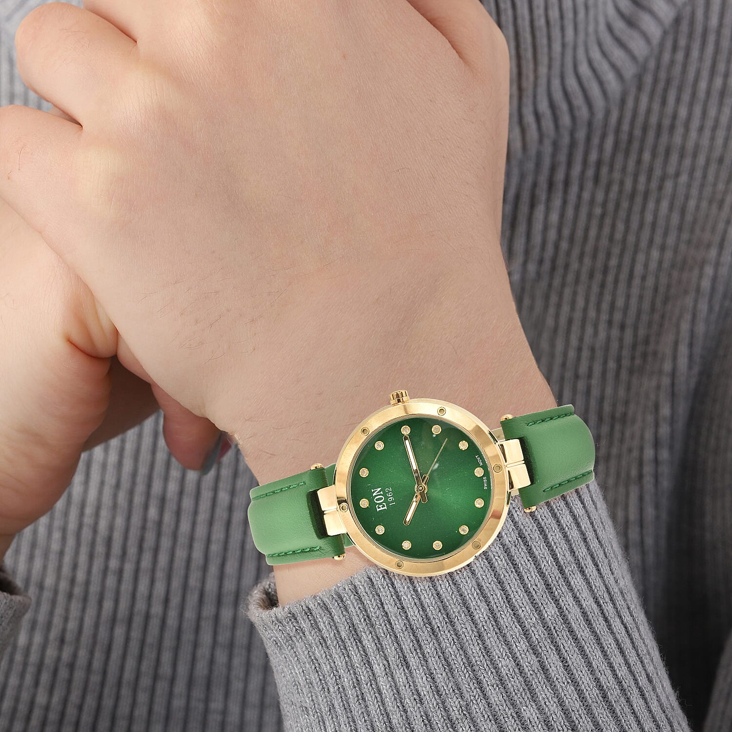 EON 1962 Swiss Movement Green Dial 12 Diamonds Studded 5ATM Water Resistant Watch with Green Genuine Leather Strap 7345505 1