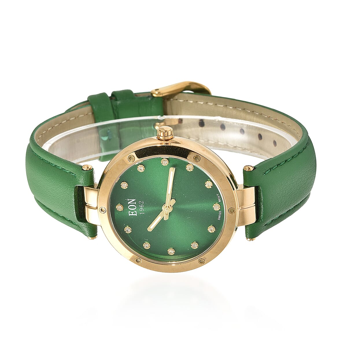 EON 1962 Swiss Movement Green Dial 12 Diamonds Studded 5ATM Water Resistant Watch with Green Genuine Leather Strap 7345505 2