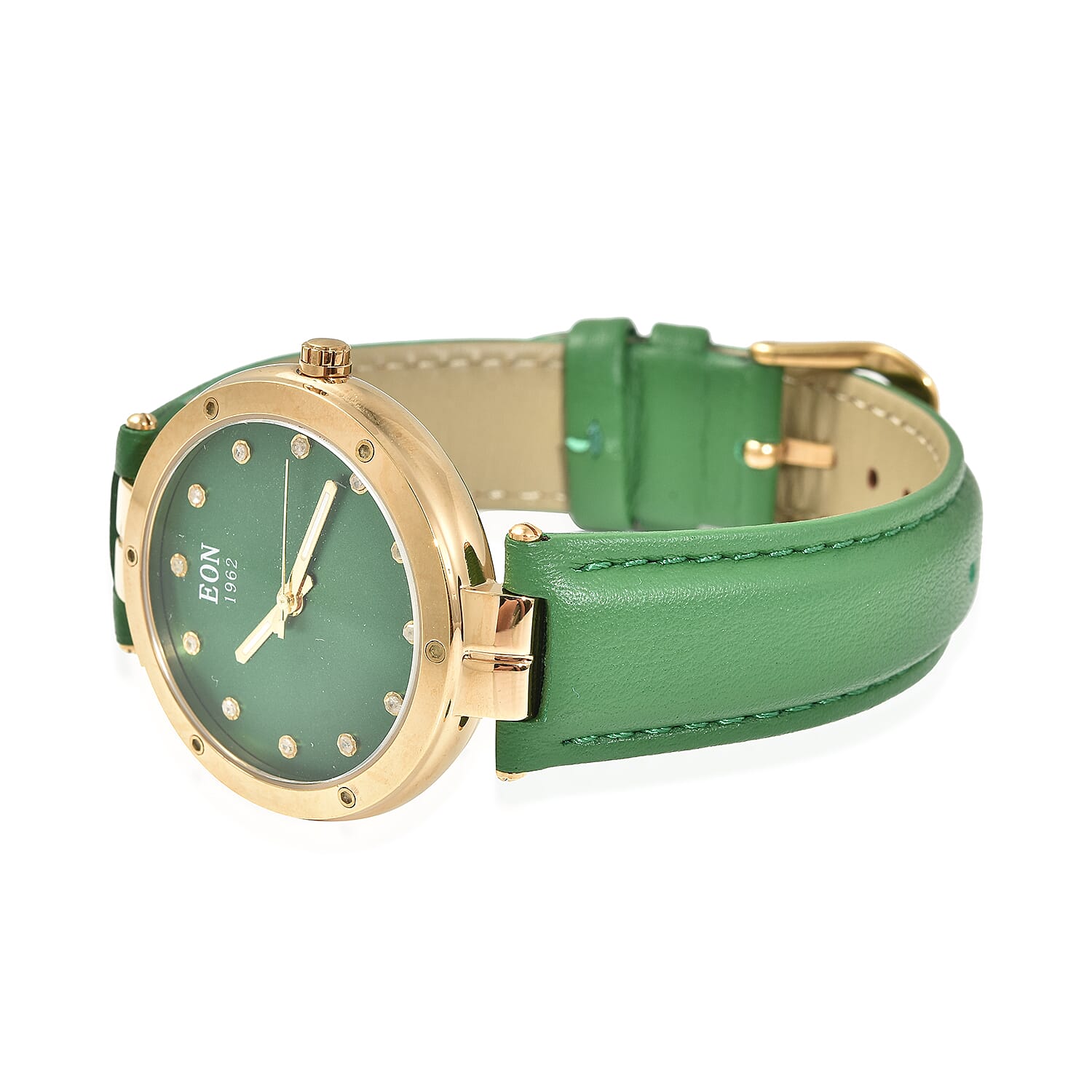 EON 1962 Swiss Movement Green Dial 12 Diamonds Studded 5ATM Water Resistant Watch with Green Genuine Leather Strap 7345505 3