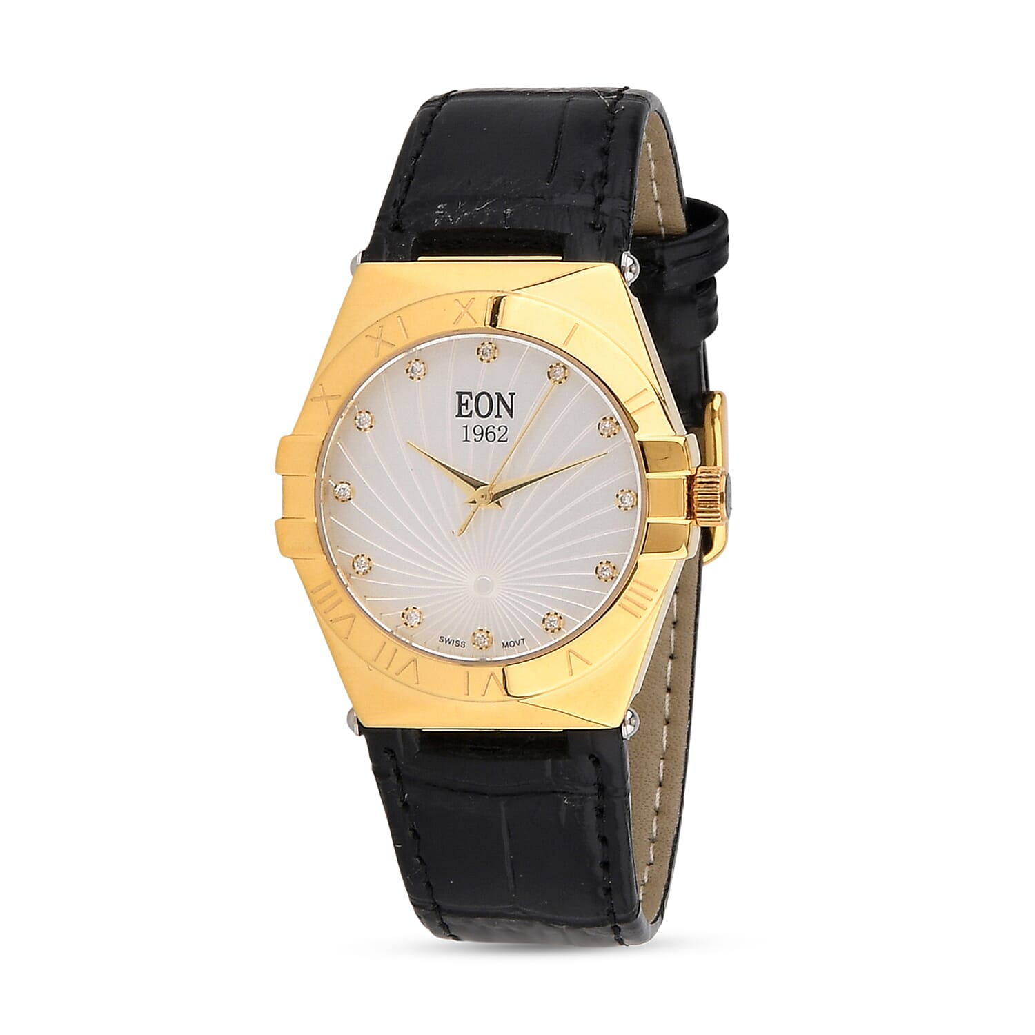 EON 1962 Ronda 763 Limited Edition Swiss Movement 12 Lab Grown Diamond (VVS- E-F) Watch with 5ATM Water Resistance Leather Strap-Black 8416960 0