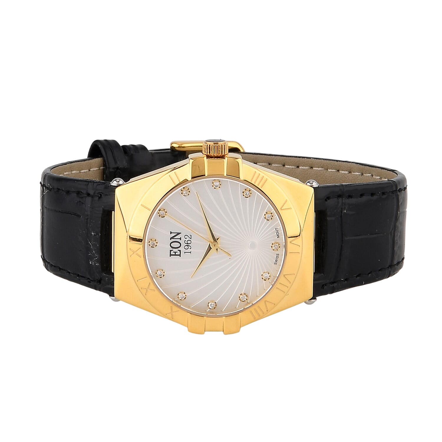 EON 1962 Ronda 763 Limited Edition Swiss Movement 12 Lab Grown Diamond (VVS- E-F) Watch with 5ATM Water Resistance Leather Strap-Black 8416960 5