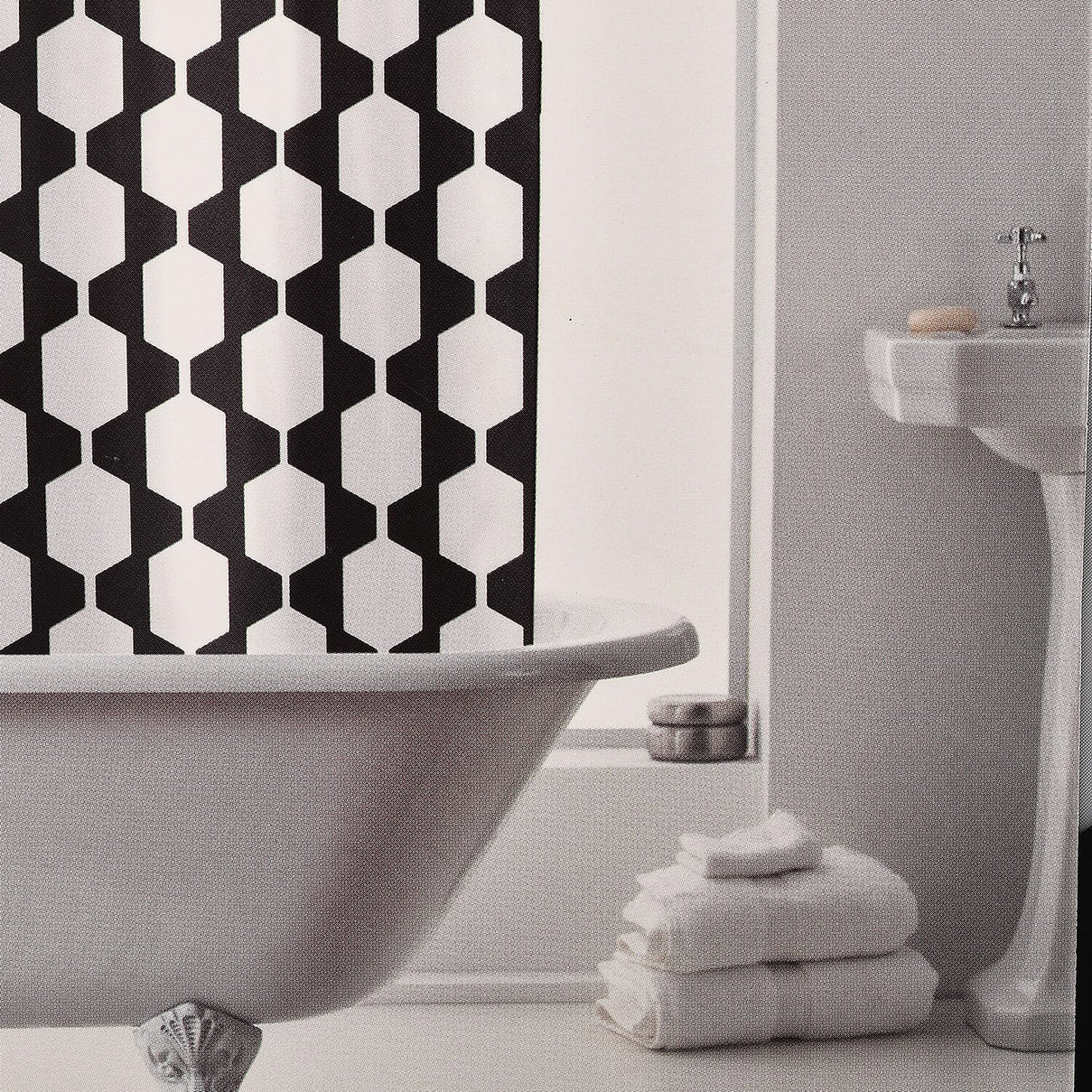 PEVA Shower Curtain with Hooks Retro Mono (Size 180 x 180 cm approx) - Black and Grey 7558867 0