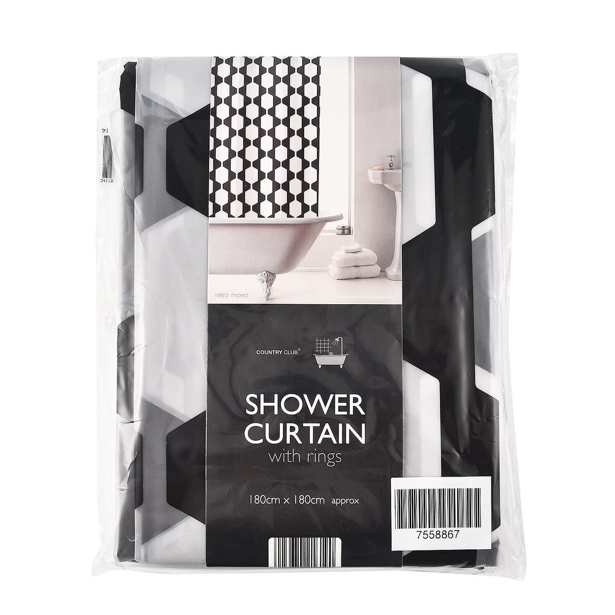 PEVA Shower Curtain with Hooks Retro Mono (Size 180 x 180 cm approx) - Black and Grey 7558867 1
