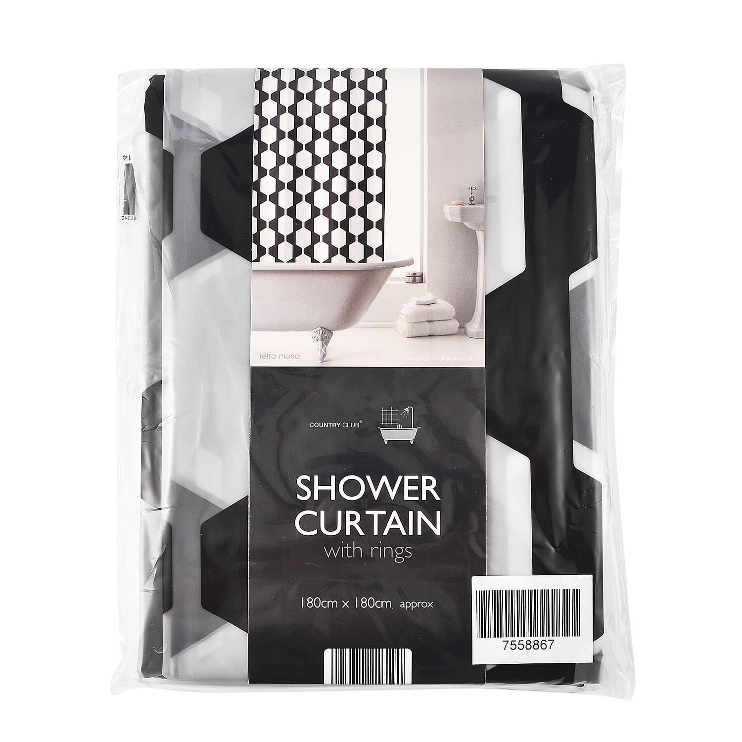 PEVA Shower Curtain with Hooks Retro Mono (Size 180 x 180 cm approx) - Black and Grey 7558867 1