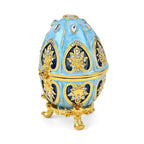 Hand-Painted Crystal Enamelled Easter Egg Trinket Box (Size 6x4 cm) - Blue & Gold