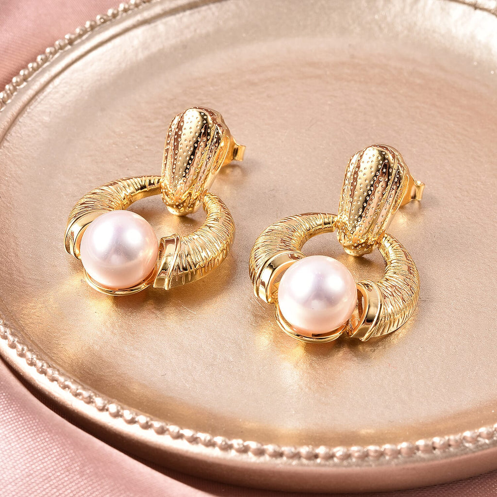 Edison Pearl Earrings with Push Back in Yellow Gold Plated Sterling Silver 16.13 Ct, Silver Wt. 6.60 Gms.