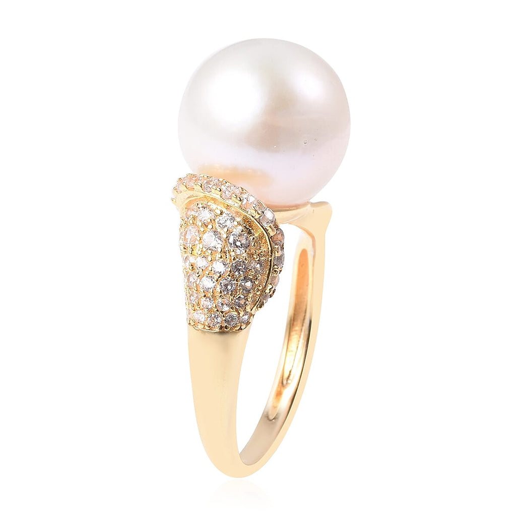 Edison Pearl (Rnd) & Natural Zircon Ring in Yellow Gold Plated Sterling Silver