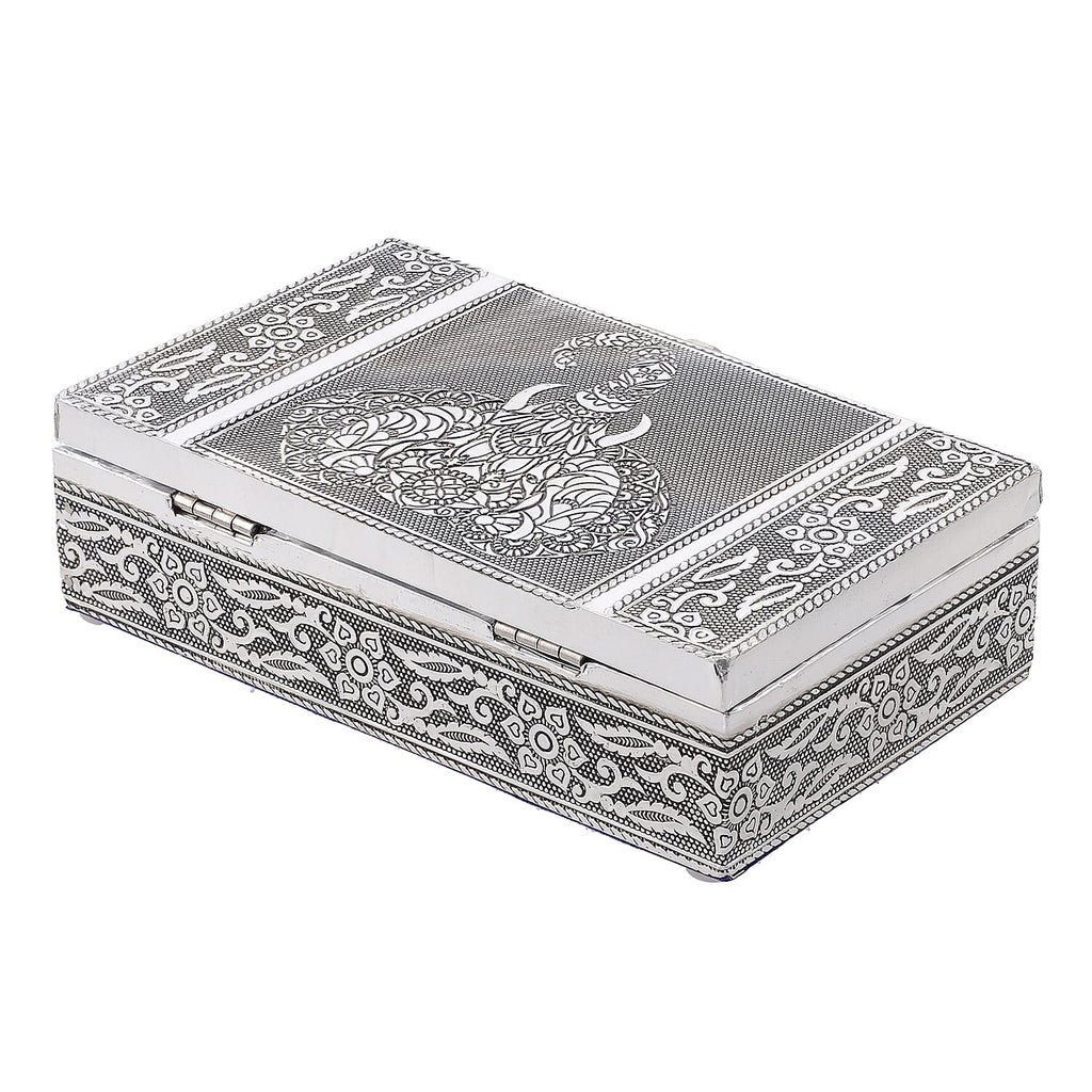 Set of 3 - Elephant Embossed Rectangular Aluminium Oxidized Storage Boxes (Size 16.5x10x4 Inch) - Silver
