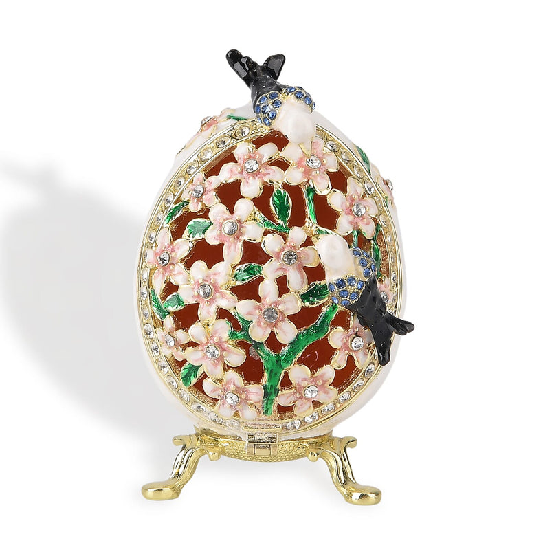 Floral & Crystal Detail Faberge-Style Egg Trinket Box (12x7 cm)  - White & Multicolour