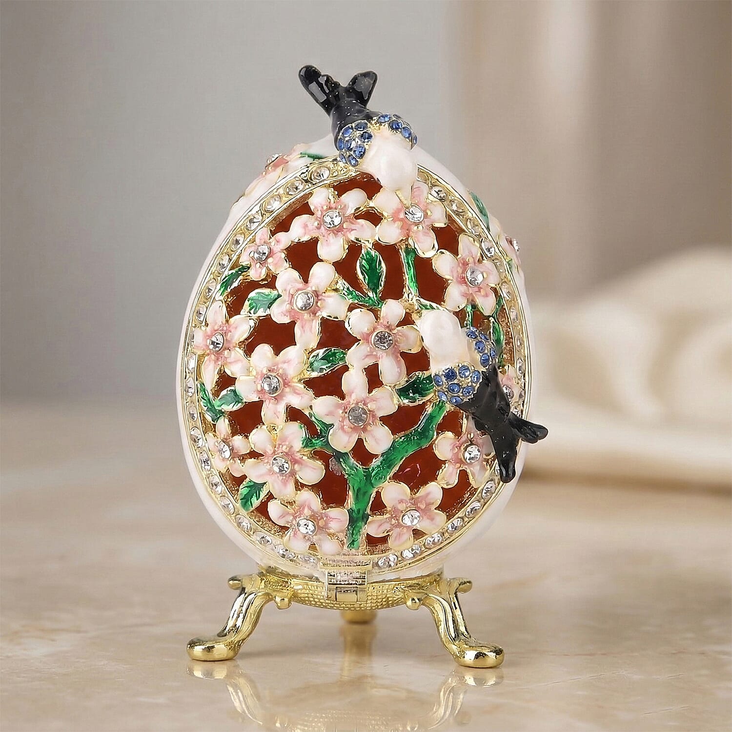 Floral &amp; Crystal Detail Faberge-Style Egg Trinket Box (12x7 cm)  - White &amp; Multicolour V32513959 2