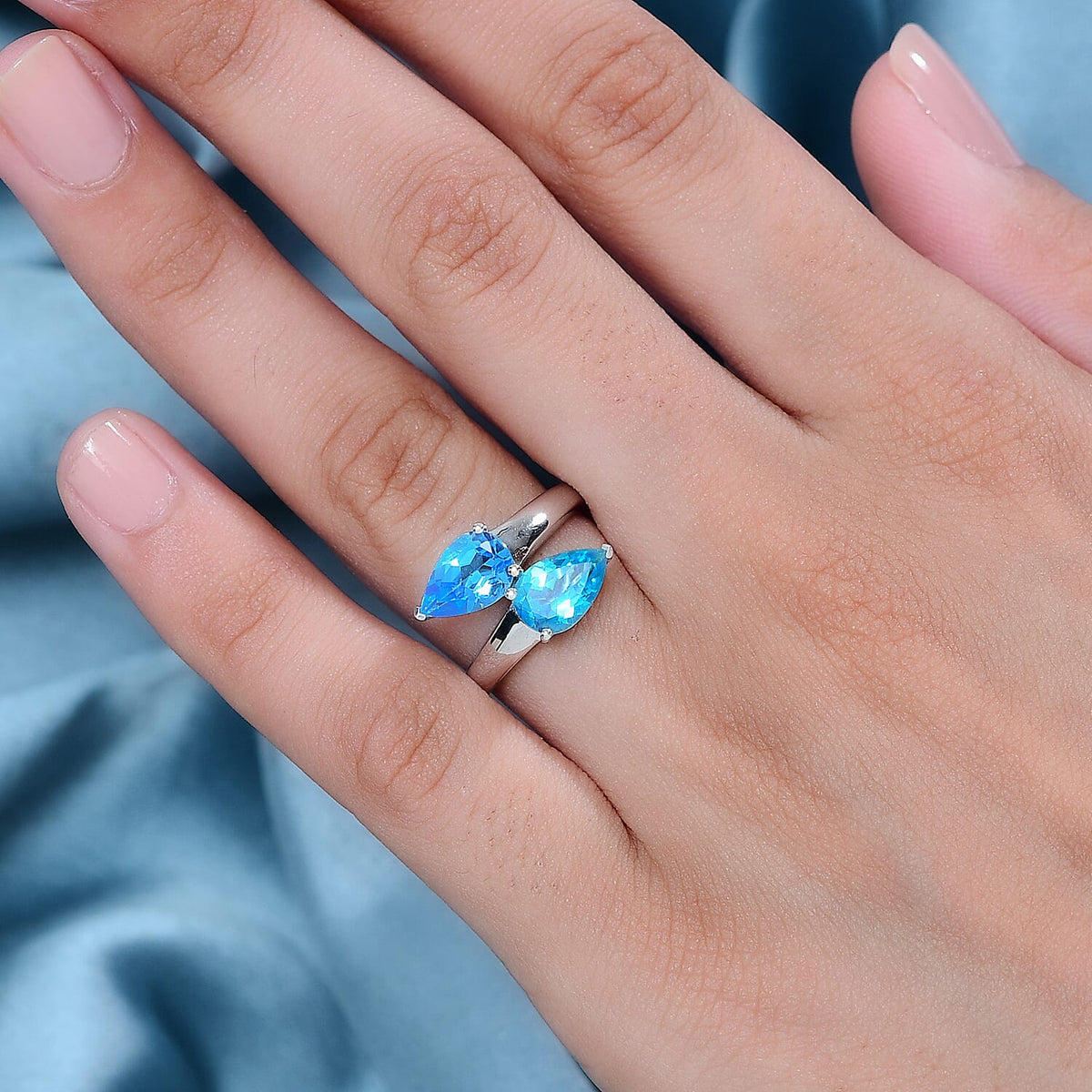 Electric Blue Topaz  Bypass Ring in Rhodium Overlay Sterling Silver 2.95 Ct. 7896459 4