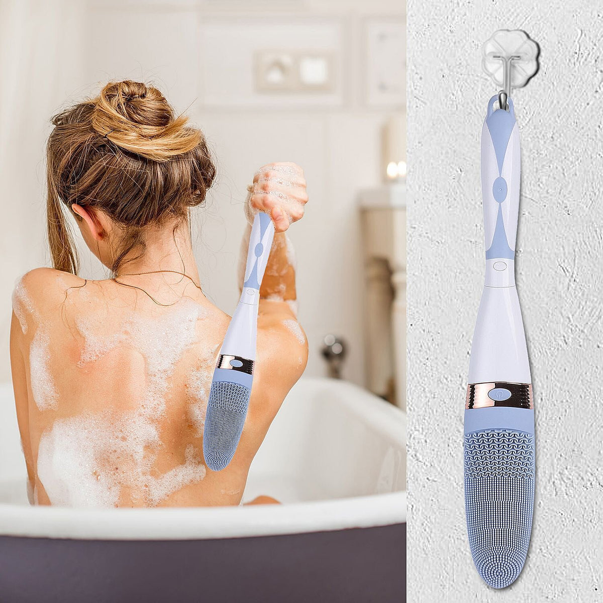 Electric Vibration Long Handle Silicone Bath Brush - Blue ( 2AA Batteries - not Incl.) 3688221 2