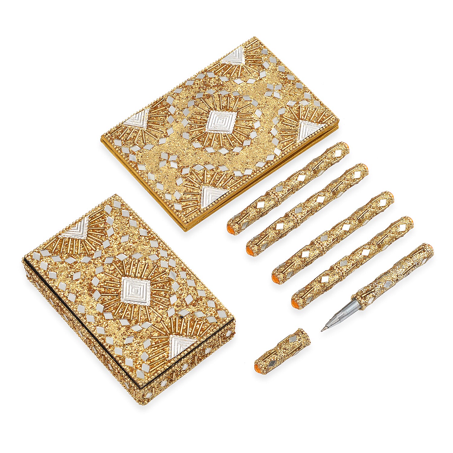LIVMORE Elegant 7-Piece Beaded Stationery Set - 1 Beaded Box, 1 Diary, 5 Beaded Pens 8240808 0