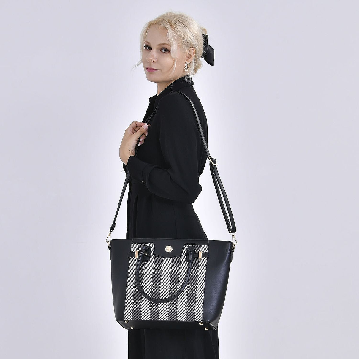 Elegant Checker Pattern Crossbody Bag With Handle Drop - Black 7564950 2