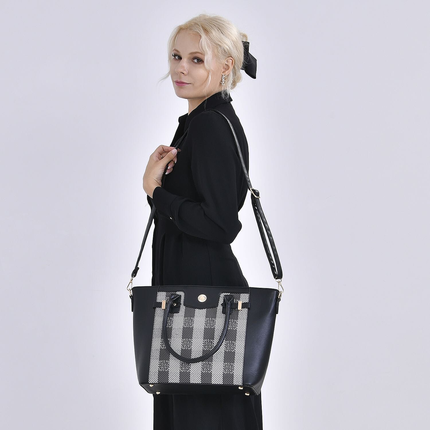 Elegant Checker Pattern Crossbody Bag With Handle Drop - Black 7564950 2
