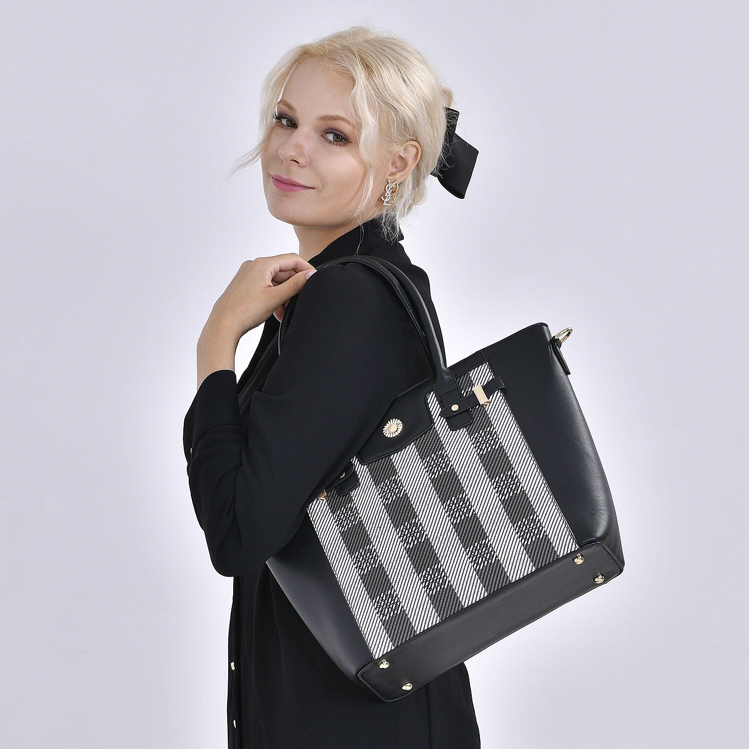 Elegant Checker Pattern Crossbody Bag With Handle Drop - Black 7564950 3