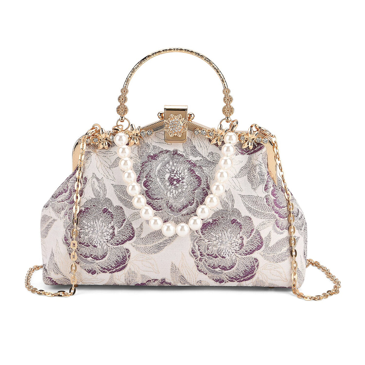 Elegant Embroidery Crystal Clutch Bag with Pearl Handle - White &amp; Purple 8245087 0