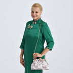 Elegant Embroidery Crystal Clutch Bag with Pearl Handle - White & Purple