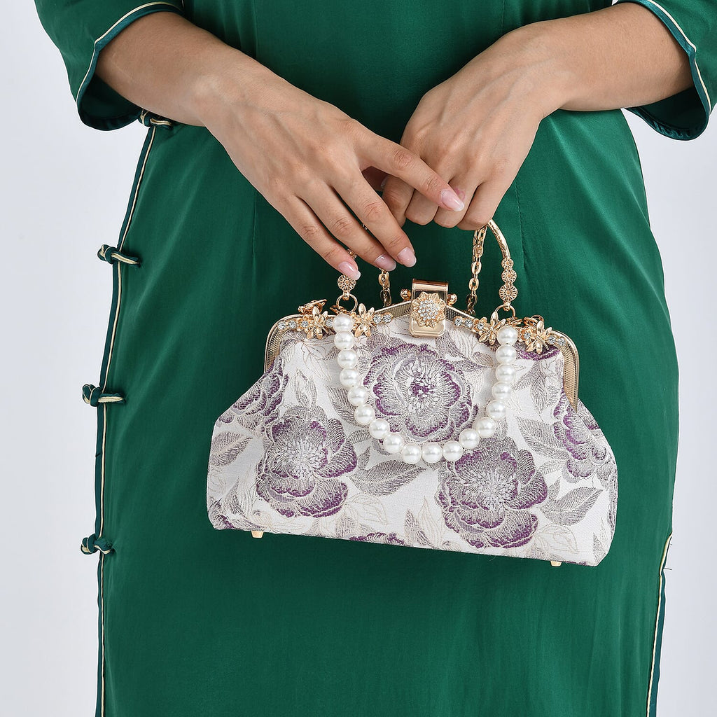 Elegant Embroidery Crystal Clutch Bag with Pearl Handle - White & Purple