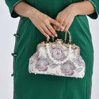 Elegant Embroidery Crystal Clutch Bag with Pearl Handle - White & Purple