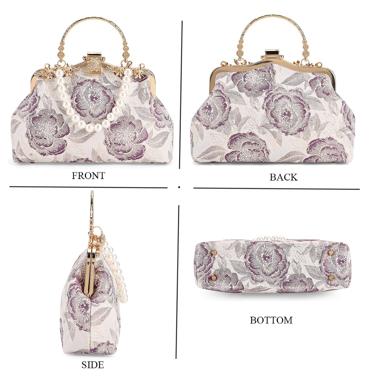 Elegant Embroidery Crystal Clutch Bag with Pearl Handle - White &amp; Purple 8245087 5