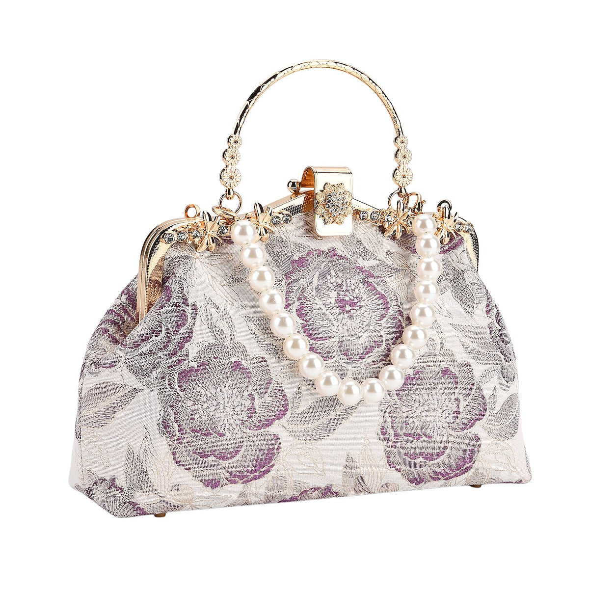 Elegant Embroidery Crystal Clutch Bag with Pearl Handle - White &amp; Purple 8245087 7