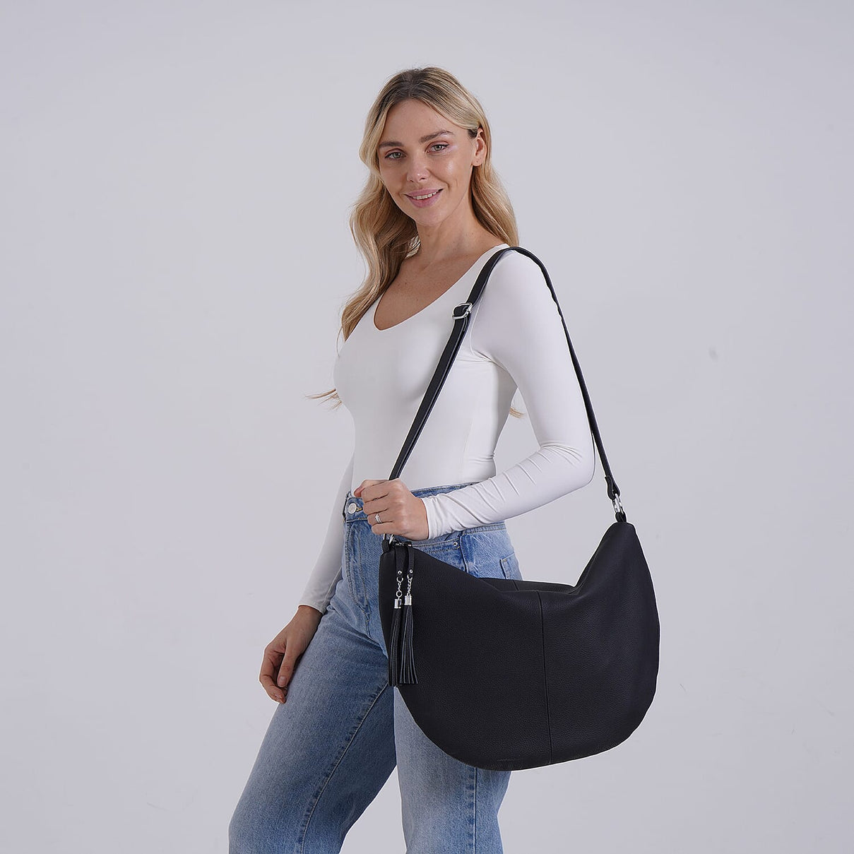 Hong Kong Closeout - Solid 100% Genuine Leather Crossbody Bag with Tassel Chain - Black 8042187 1