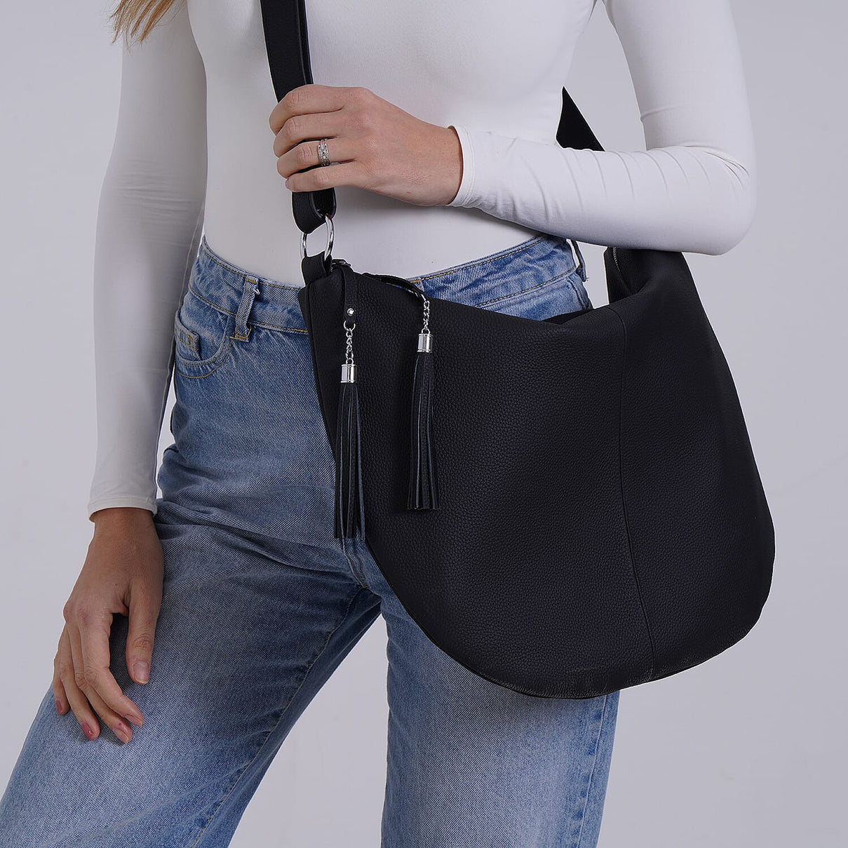 Hong Kong Closeout - Solid 100% Genuine Leather Crossbody Bag with Tassel Chain - Black 8042187 2