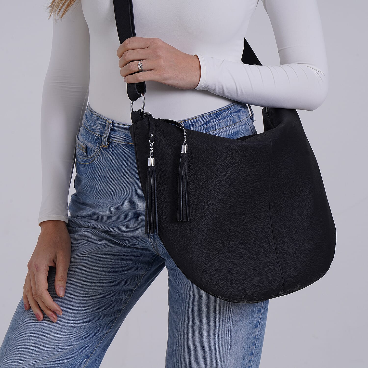 Hong Kong Closeout - Solid 100% Genuine Leather Crossbody Bag with Tassel Chain - Black 8042187 2