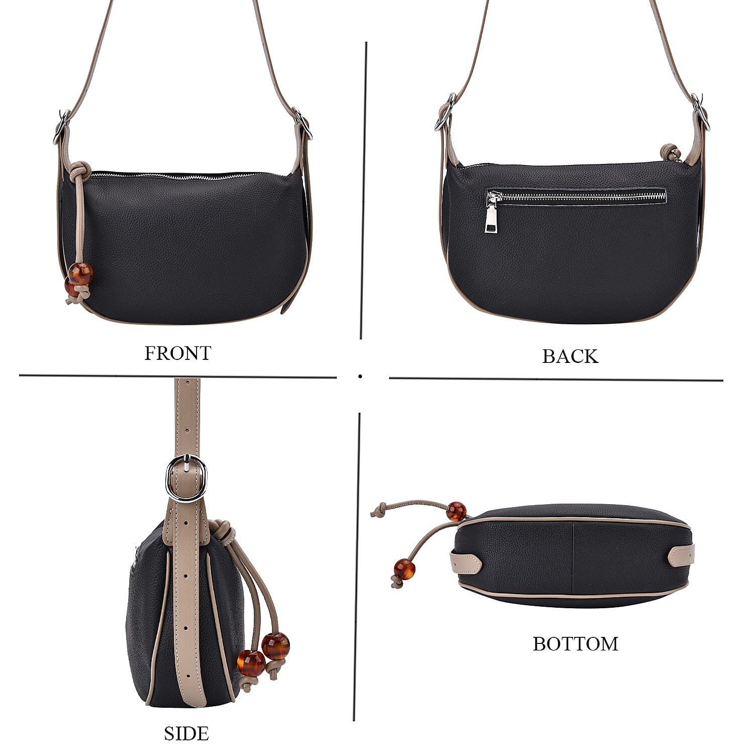 Elegant Genuine Leather Curved Shoulder Bag with Adjustable Strap - Black 8040245 2