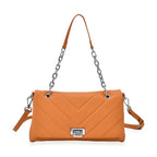 Elegant Genuine Leather Quilted Chevron Pattern Shoulder Bag with Chain Strap - Tan
