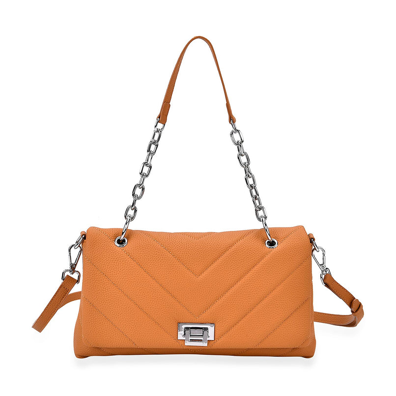 Elegant Genuine Leather Quilted Chevron Pattern Shoulder Bag with Chain Strap - Tan