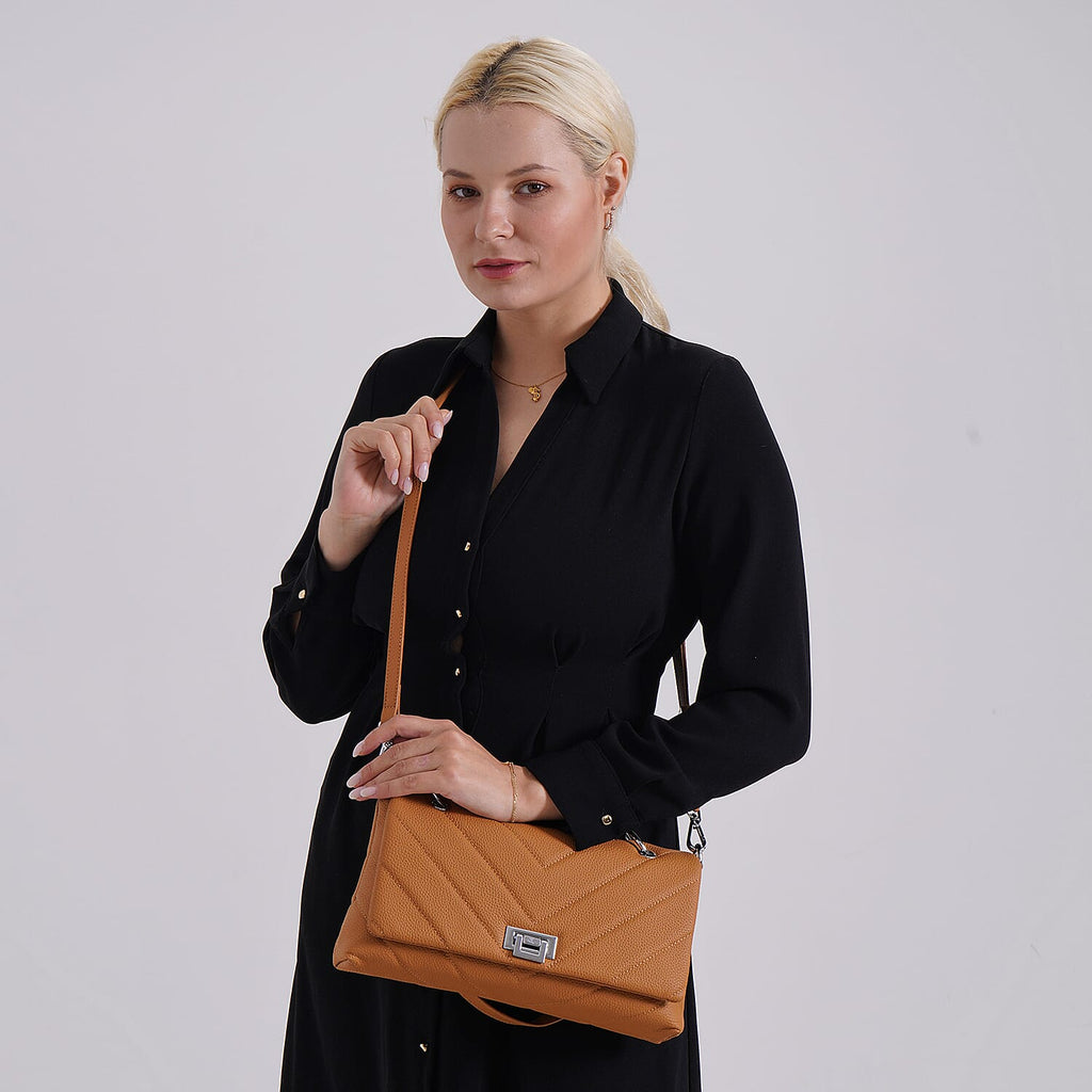 Elegant Genuine Leather Quilted Chevron Pattern Shoulder Bag with Chain Strap - Tan