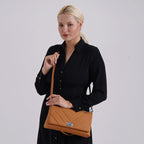 Elegant Genuine Leather Quilted Chevron Pattern Shoulder Bag with Chain Strap - Tan
