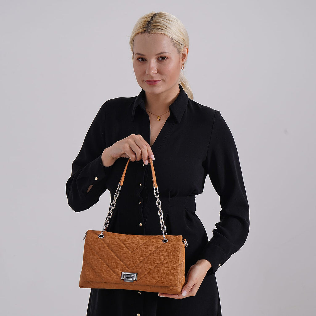 Elegant Genuine Leather Quilted Chevron Pattern Shoulder Bag with Chain Strap - Tan