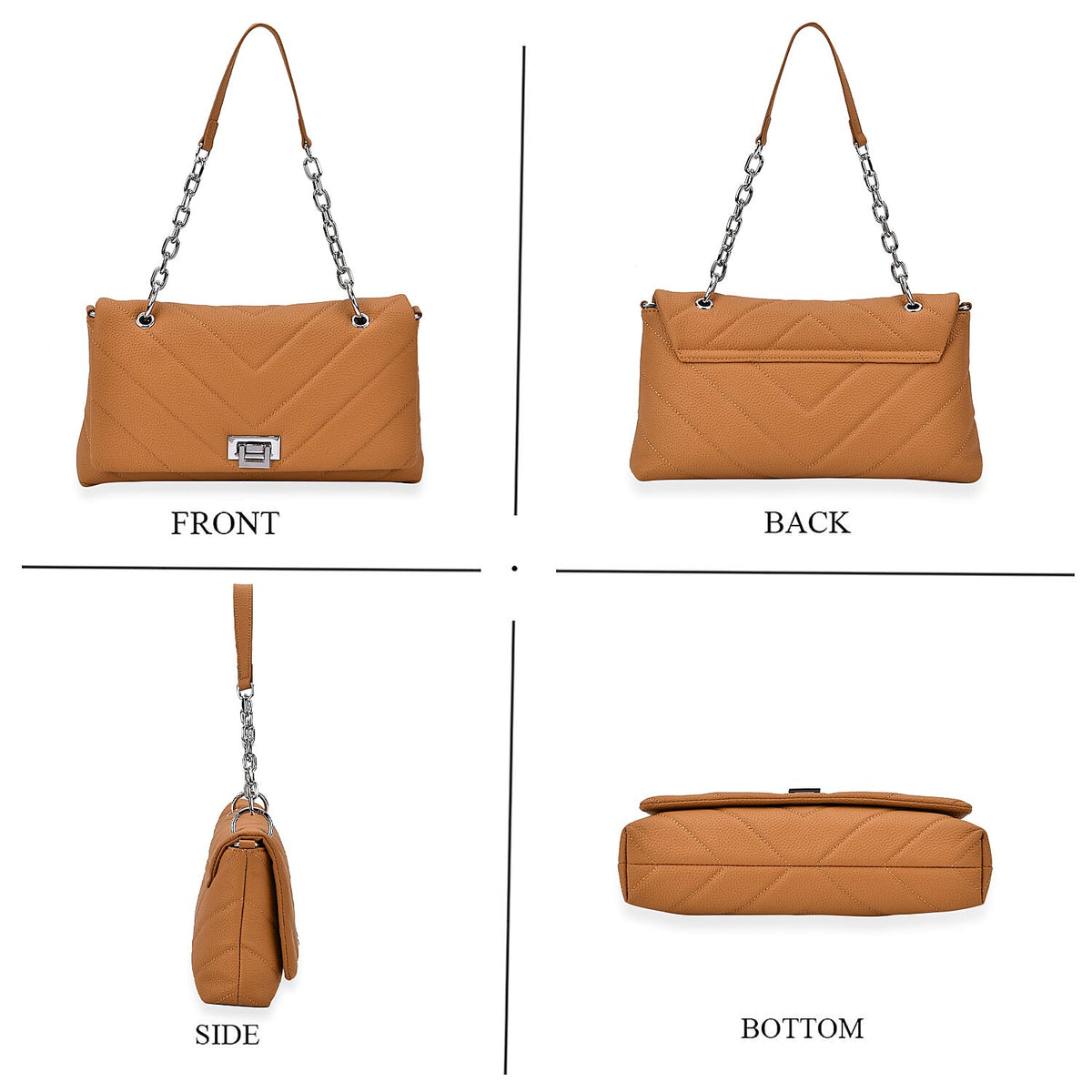Elegant Genuine Leather Quilted Chevron Pattern Shoulder Bag with Chain Strap - Tan V32667597 4