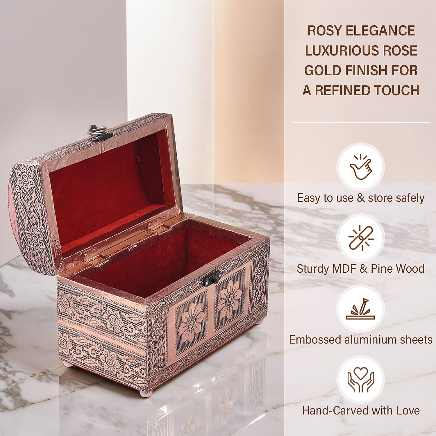 Elegant Handcrafted Treasure Box with Secure Clasp &amp; Protective Interior (Size 20x11x14 cm) - Rose Gold 7979284 3