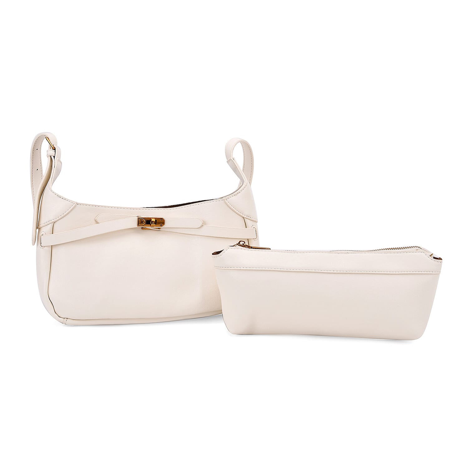 Elegant Hobo Bag with Front Lock and Pouch Set - Off White V32491346 0