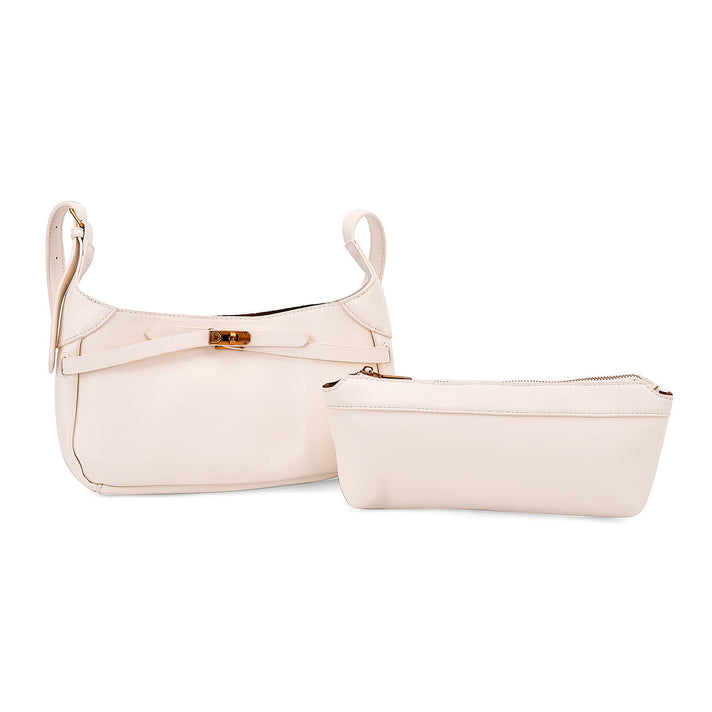 Elegant Hobo Bag with Front Lock and Pouch Set - Off White 8044108 1