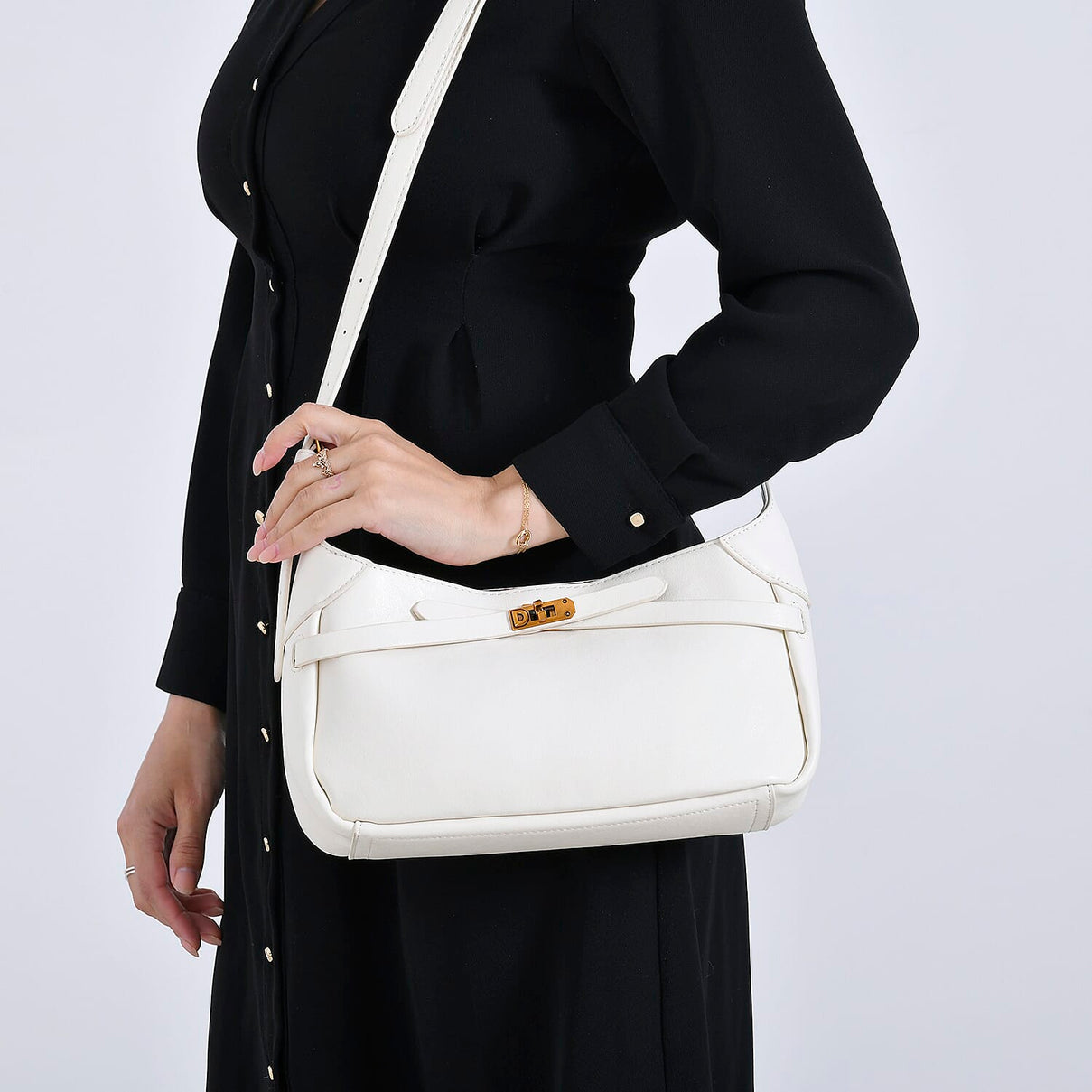 Elegant Hobo Bag with Front Lock and Pouch Set - Off White V32491346 3