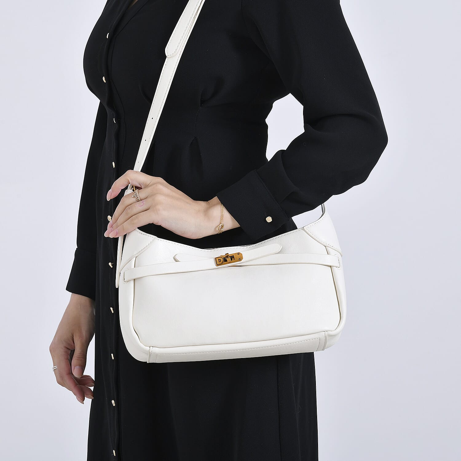 Elegant Hobo Bag with Front Lock and Pouch Set - Off White V32491346 3