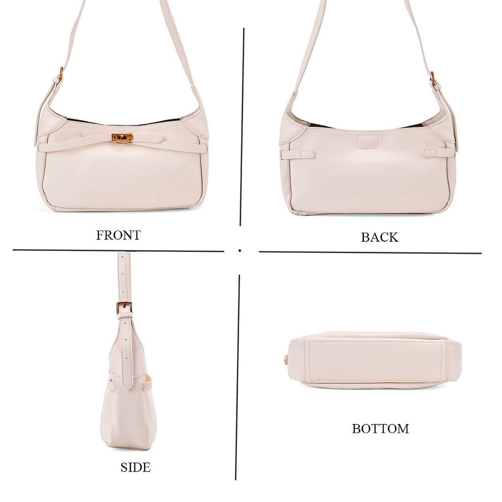 Elegant Hobo Bag with Front Lock and Pouch Set - Off White
