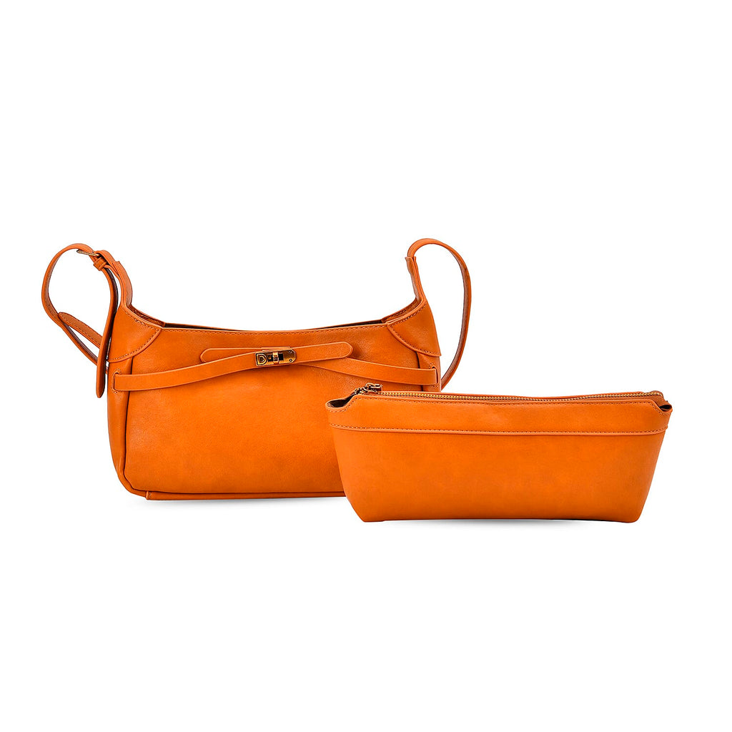 Elegant Hobo Bag with Front Lock and Pouch Set - Orange