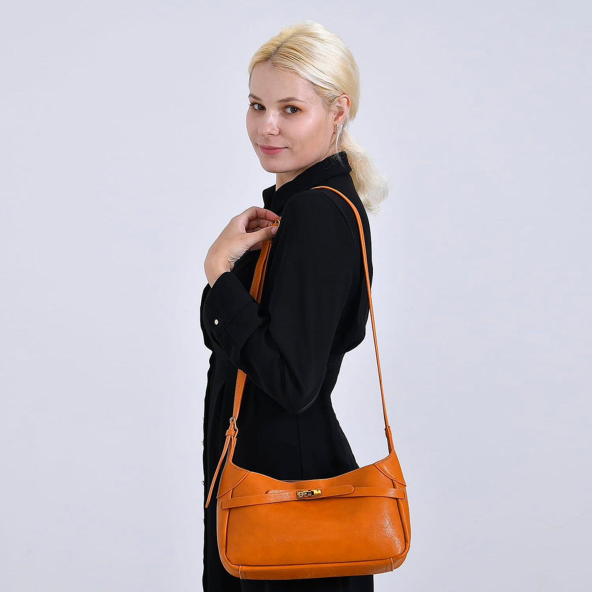 Elegant Hobo Bag with Front Lock and Pouch Set - Orange V32514731 2