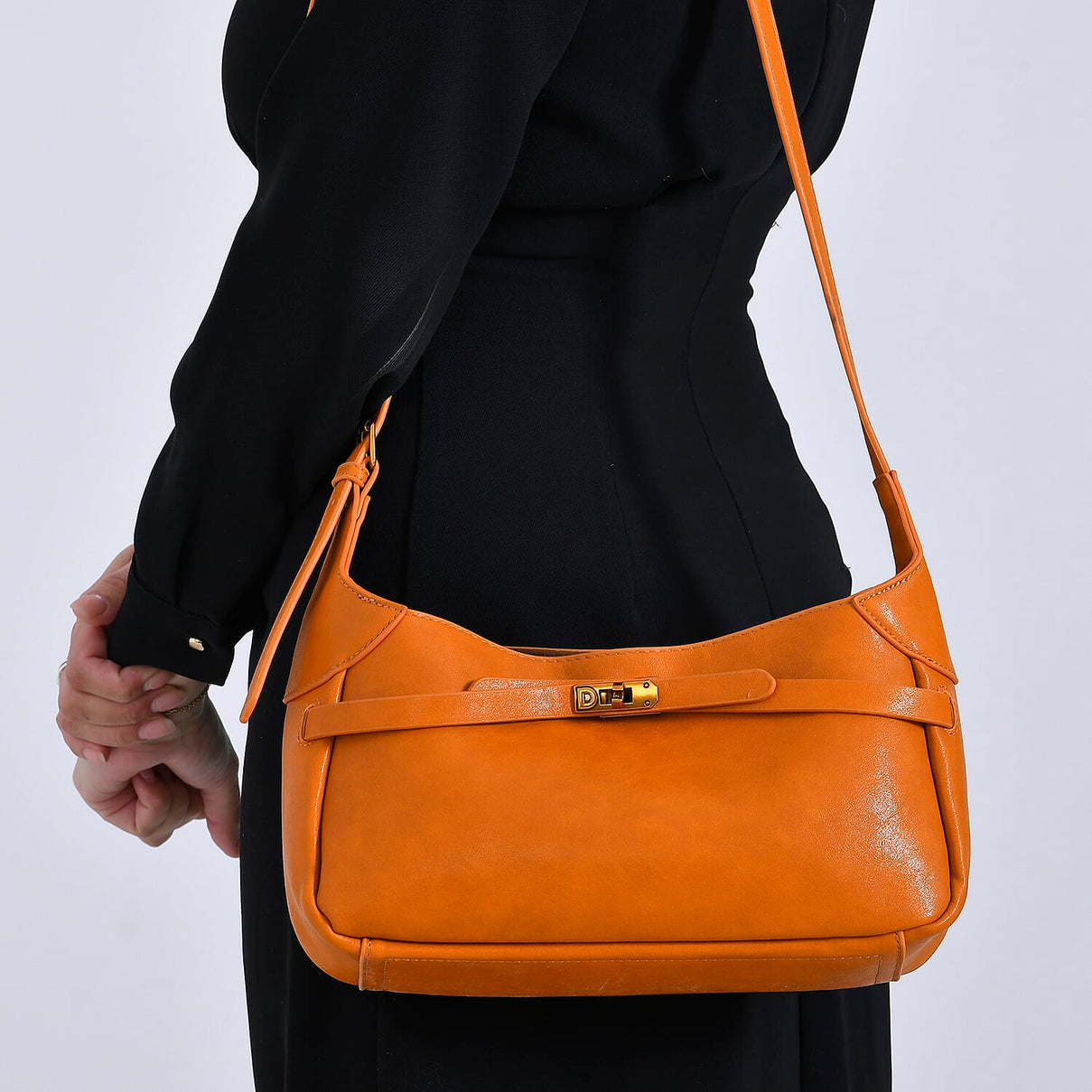Elegant Hobo Bag with Front Lock and Pouch Set - Orange V32360183 3