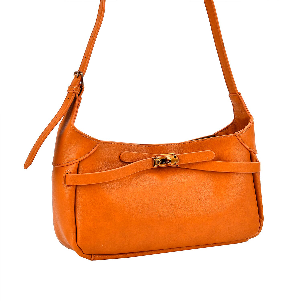 Elegant Hobo Bag with Front Lock and Pouch Set - Orange V32514731 6