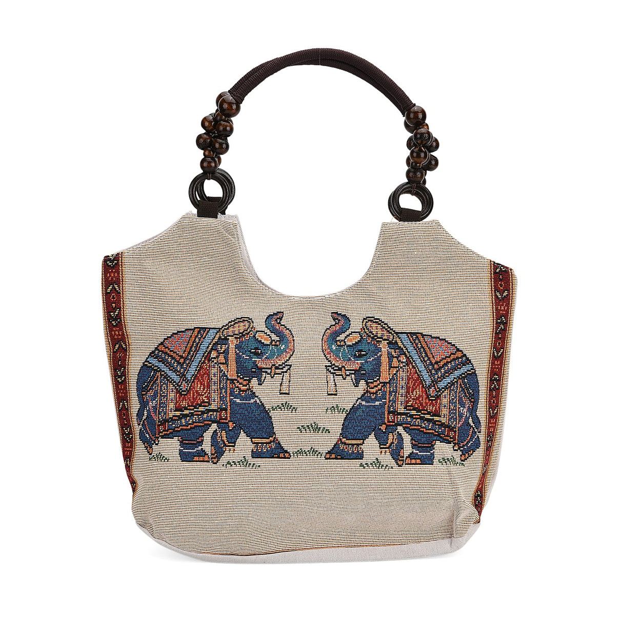 Elephant Print Jute Tote Bag - Beige 8109719 0
