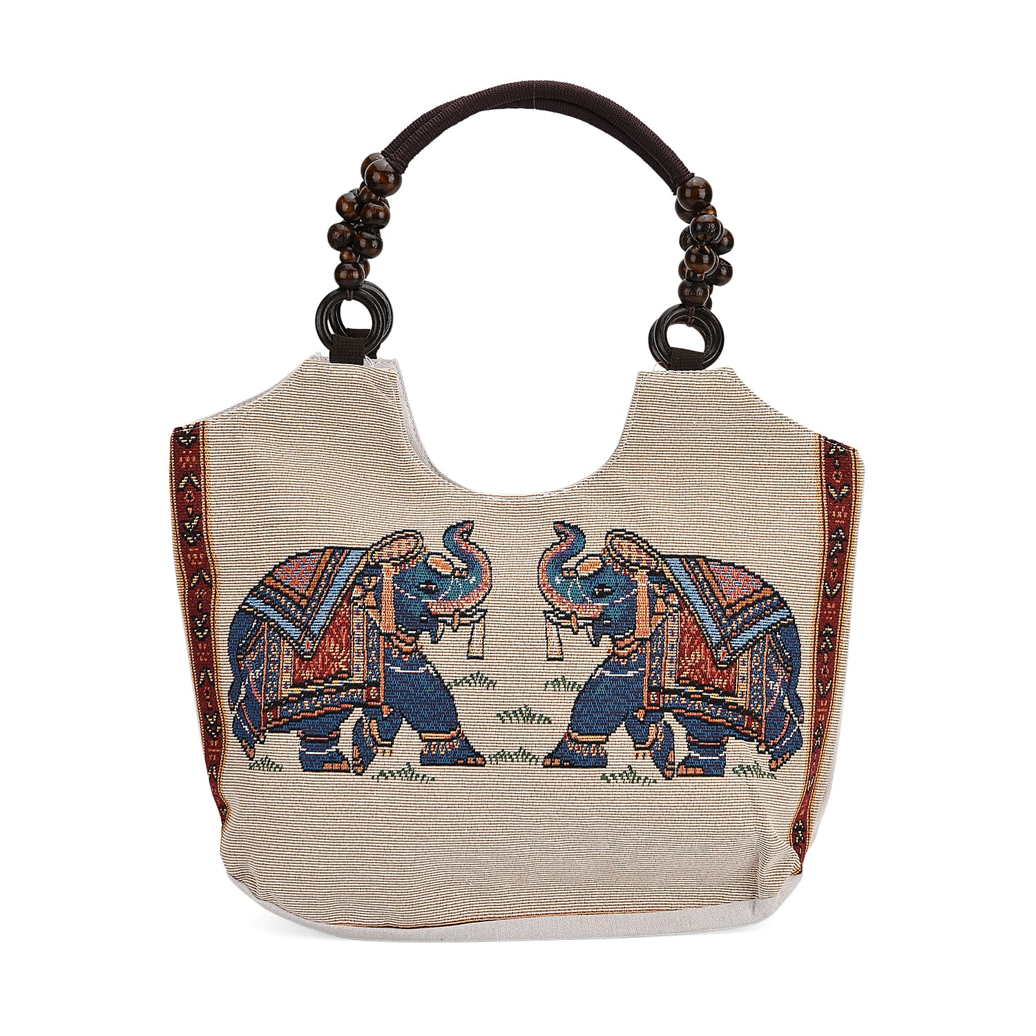 Elephant Print Jute Tote Bag - Beige 8109719 0