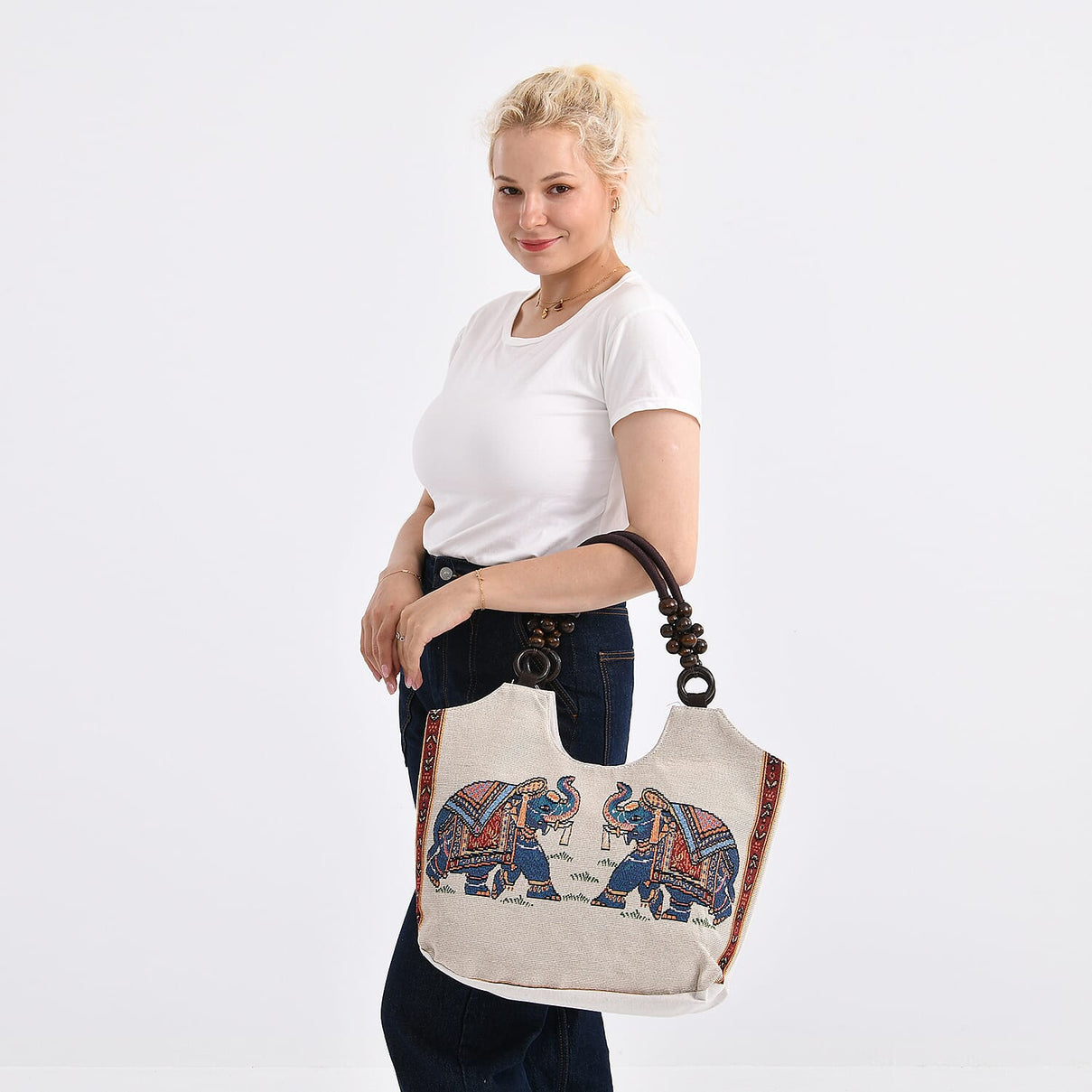 Elephant Print Jute Tote Bag - Beige 8109719 2